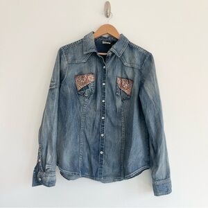 Harley-Davidson Bandana Studded Medium Wash Denim Snap Button Down Shirt Large